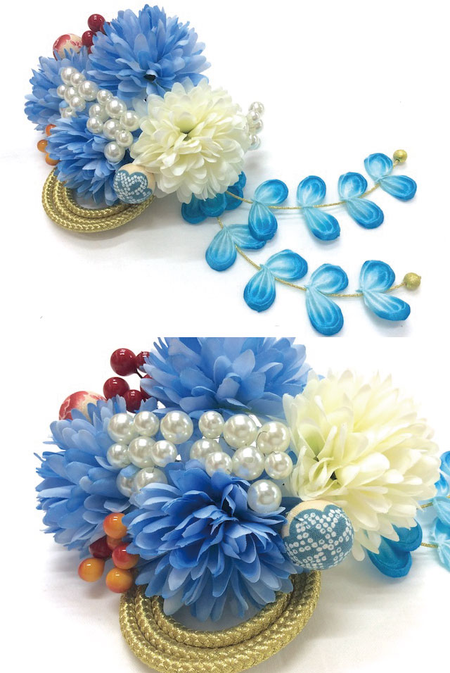 花ごころ】髪飾り3個セット かんざし 振袖 成人式 青 パール 181129-2 