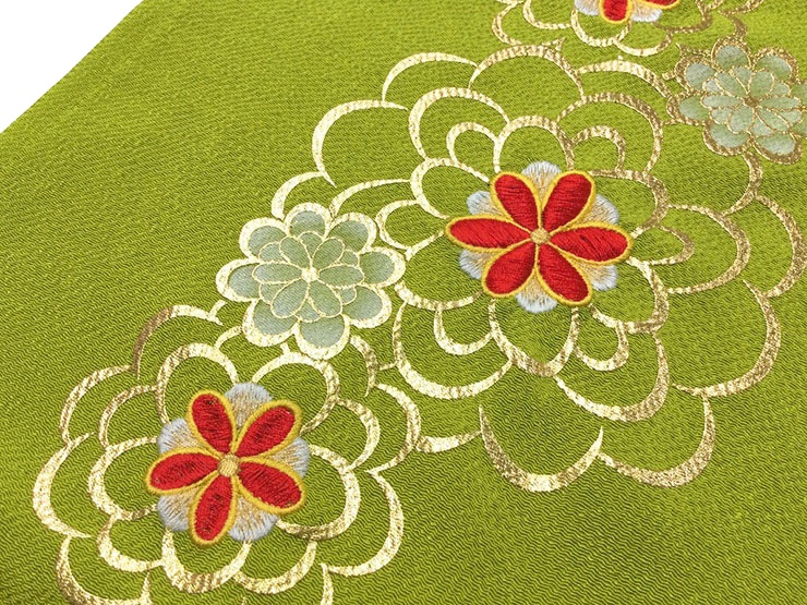 緑　花柄　刺繍　帯