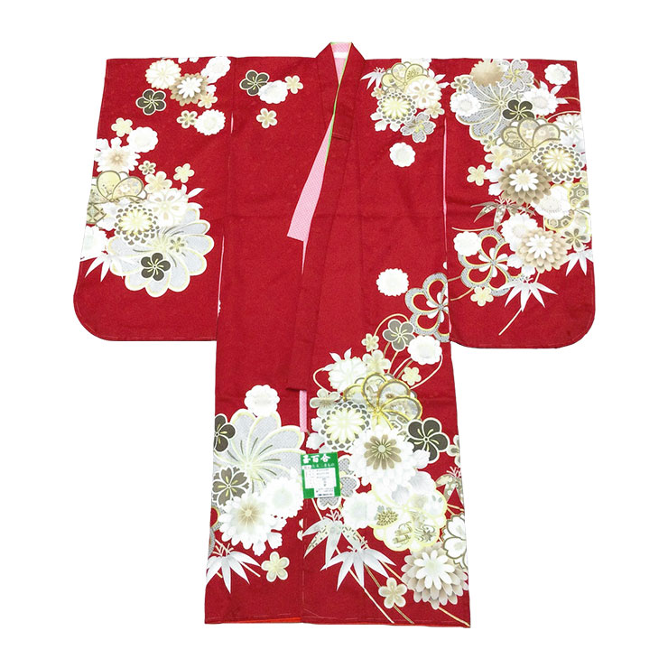 女の子 四つ身着物 長襦袢付 絵羽 赤 桜 梅 菊 日本製 七五三 - きもの