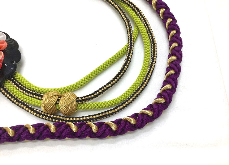 帯締め 正絹 振袖 紫 パープル 黄緑 ヒワ 花 つまみ細工 日本製