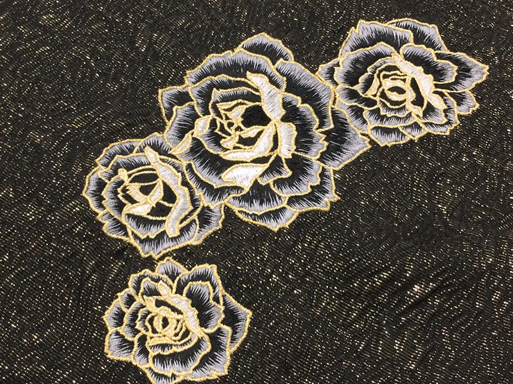 Wa de Modern】正絹帯揚げ 薔薇 刺繍 黒 日本製 振袖 メール便